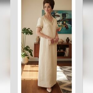 Vtg 60's MCM Jean Lutece Ivory Cream Silk Shantung Beaded Maxi Cocktail Gown 16